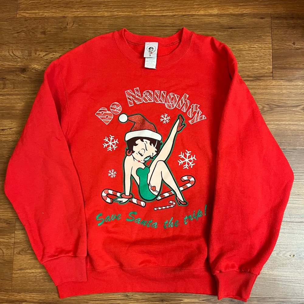 VINTAGE Betty Boop Sweater Womens Large Red Christmas Fleece Ladies M Y2K